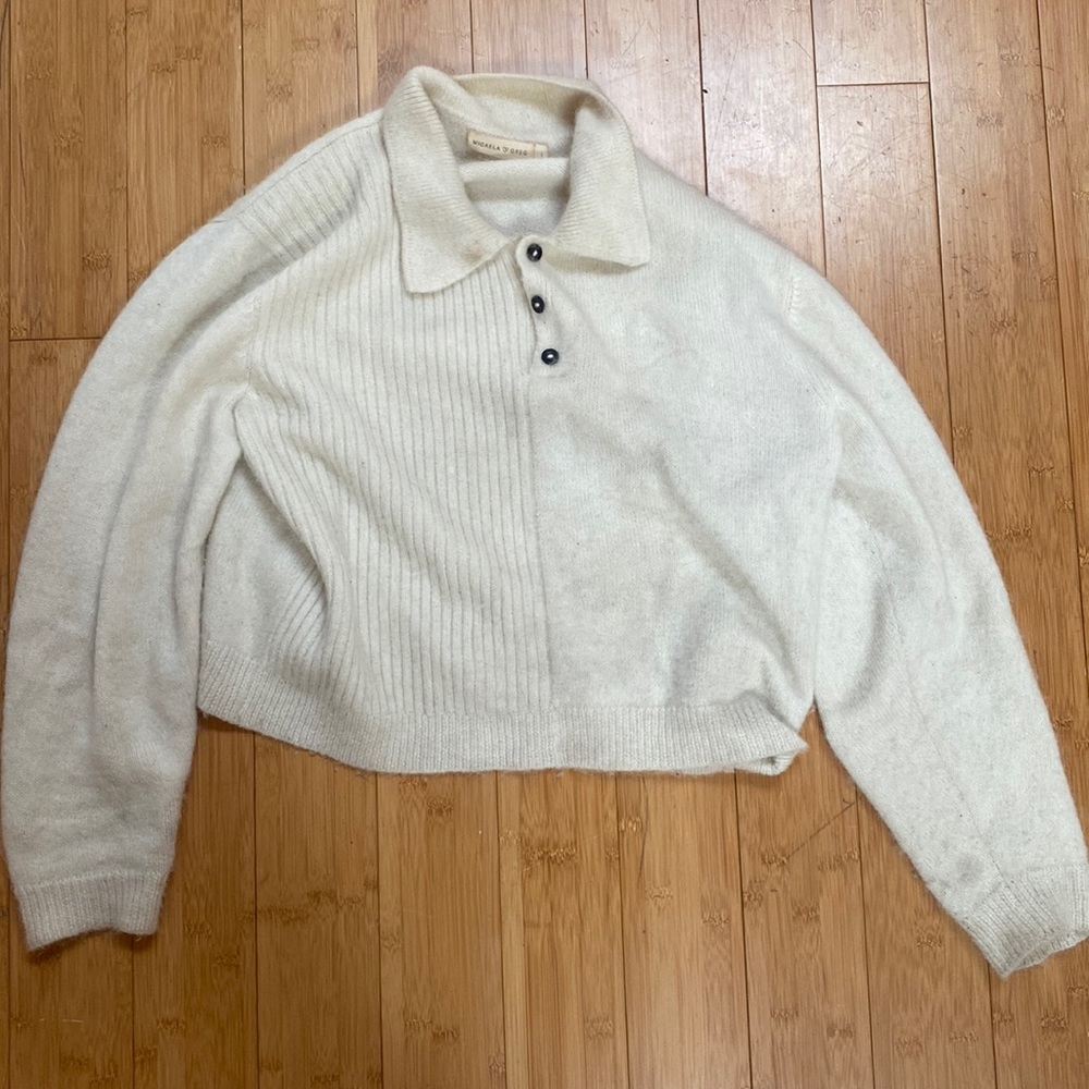 micaela greg L alpaca white sweater | unique knit— half ribbed half plain